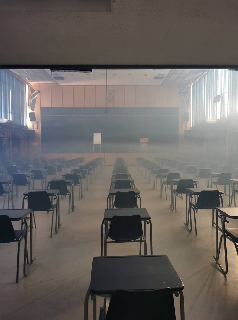 School exam hall filled with treatment fog